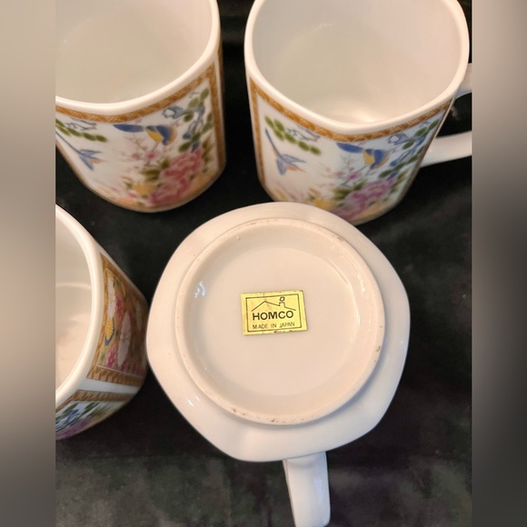 Homco Japan 4 Mugs Cups Hexagon Gilded Peonies Bluebirds Bridgerton China Gift - Picture 9 of 17